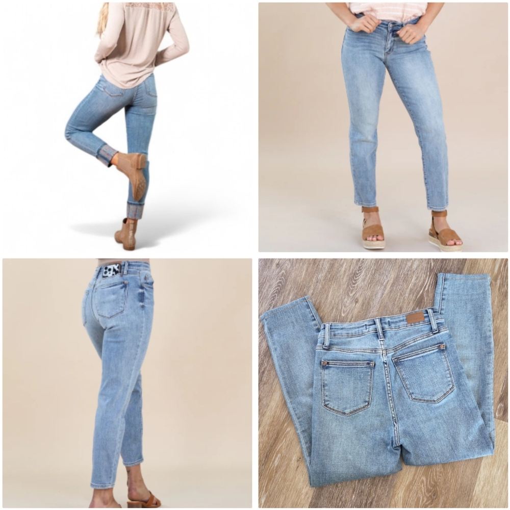 Judy Blue Aztec Cuff Relaxed Fit Jeans Cropped Tapered High Rise MOm Jean's